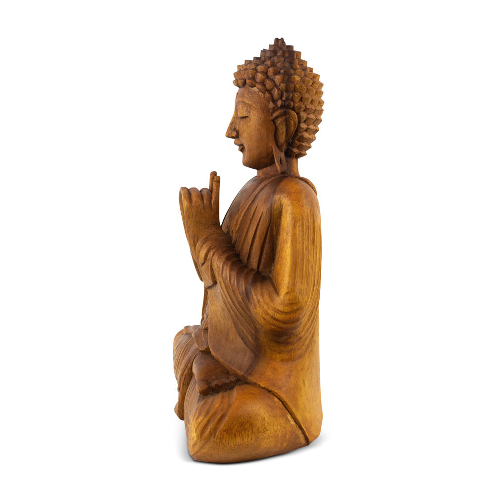 Wooden Serene Sitting Buddha "Uttarabodhi Mudra" Statue Handmade Meditating Sculpture Figurine Home Decor Accent Handcrafted Art Modern Oriental Decor