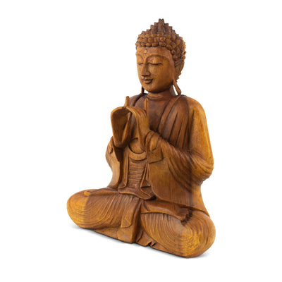 Wooden Serene Sitting Buddha "Uttarabodhi Mudra" Statue Handmade Meditating Sculpture Figurine Home Decor Accent Handcrafted Art Modern Oriental Decor