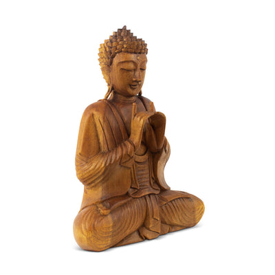 Wooden Serene Sitting Buddha "Uttarabodhi Mudra" Statue Handmade Meditating Sculpture Figurine Home Decor Accent Handcrafted Art Modern Oriental Decor