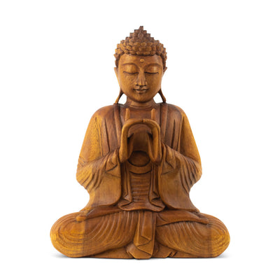 Wooden Serene Sitting Buddha "Uttarabodhi Mudra" Statue Handmade Meditating Sculpture Figurine Home Decor Accent Handcrafted Art Modern Oriental Decor