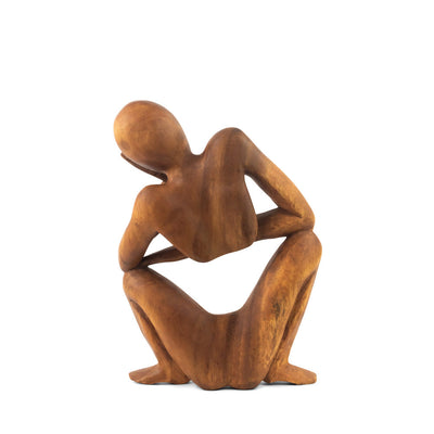 12" Wooden Handmade Abstract Sculpture Statue Handcrafted "Squatting Man Thinking" Gift Art Home Decor Figurine Artwork Accent Decoration Hand Carved