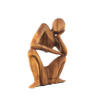 12" Wooden Handmade Abstract Sculpture Statue Handcrafted "Squatting Man Thinking" Gift Art Home Decor Figurine Artwork Accent Decoration Hand Carved