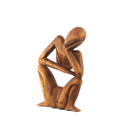 12" Wooden Handmade Abstract Sculpture Statue Handcrafted "Squatting Man Thinking" Gift Art Home Decor Figurine Artwork Accent Decoration Hand Carved