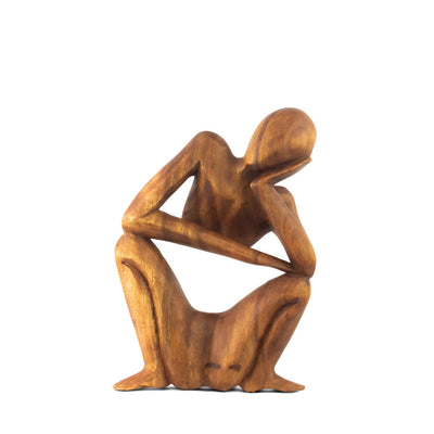 12" Wooden Handmade Abstract Sculpture Statue Handcrafted "Squatting Man Thinking" Gift Art Home Decor Figurine Artwork Accent Decoration Hand Carved